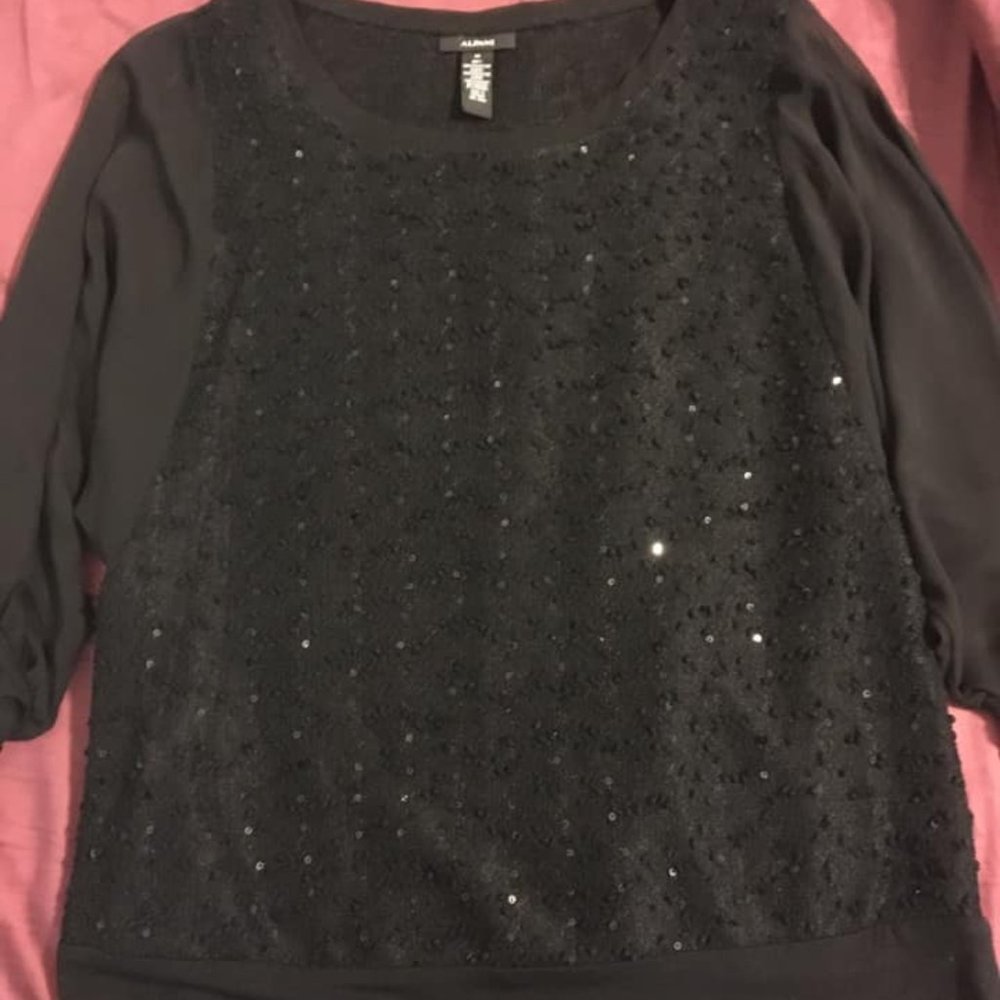3/4 Sheer Sleeve Black Sequin Blouse